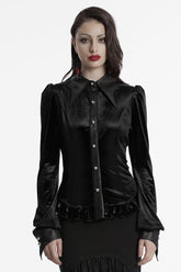 Black Lapel Collar Long Puff Sleeves Gradient Ruffle Women's Gothic Blouse